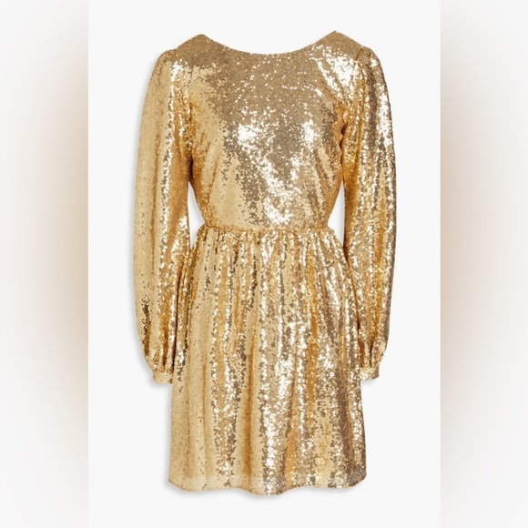 NWT Saloni Camille Gold Sequin Long Sleeve Open Back Tulle Mini Dress, UK 6 US 2 - Picture 7 of 10